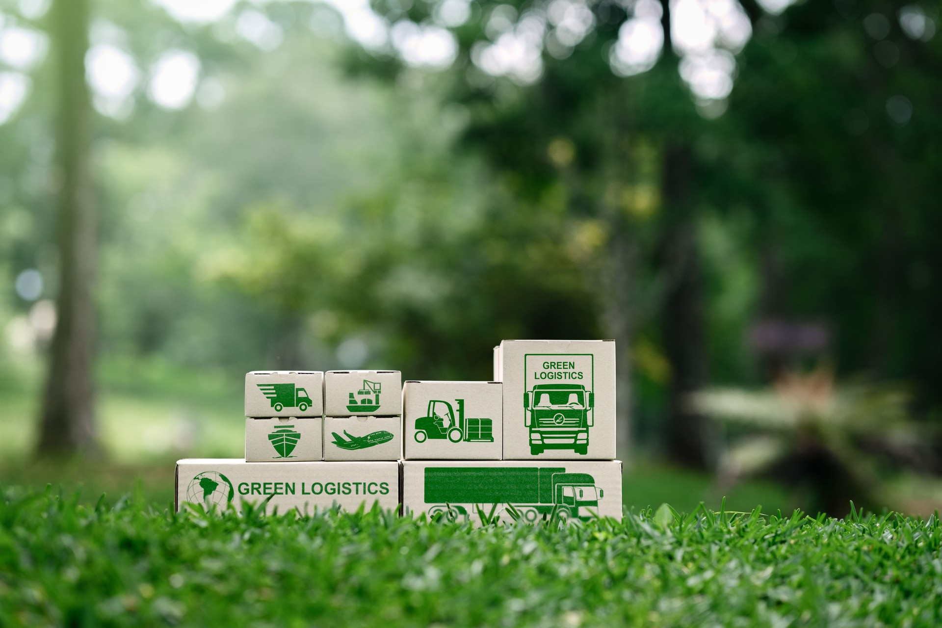 A cardboard box placed on lush green grass with a forest backdrop, symbolizing eco-friendly transportation, sustainability, clean energy, and businesses embracing green supply chains.