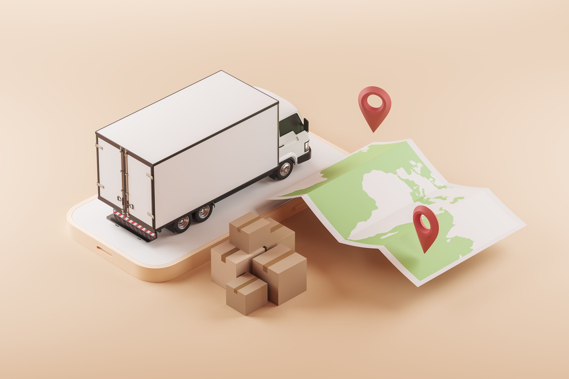 Van and boxes, world map, shipping and delivery or goods