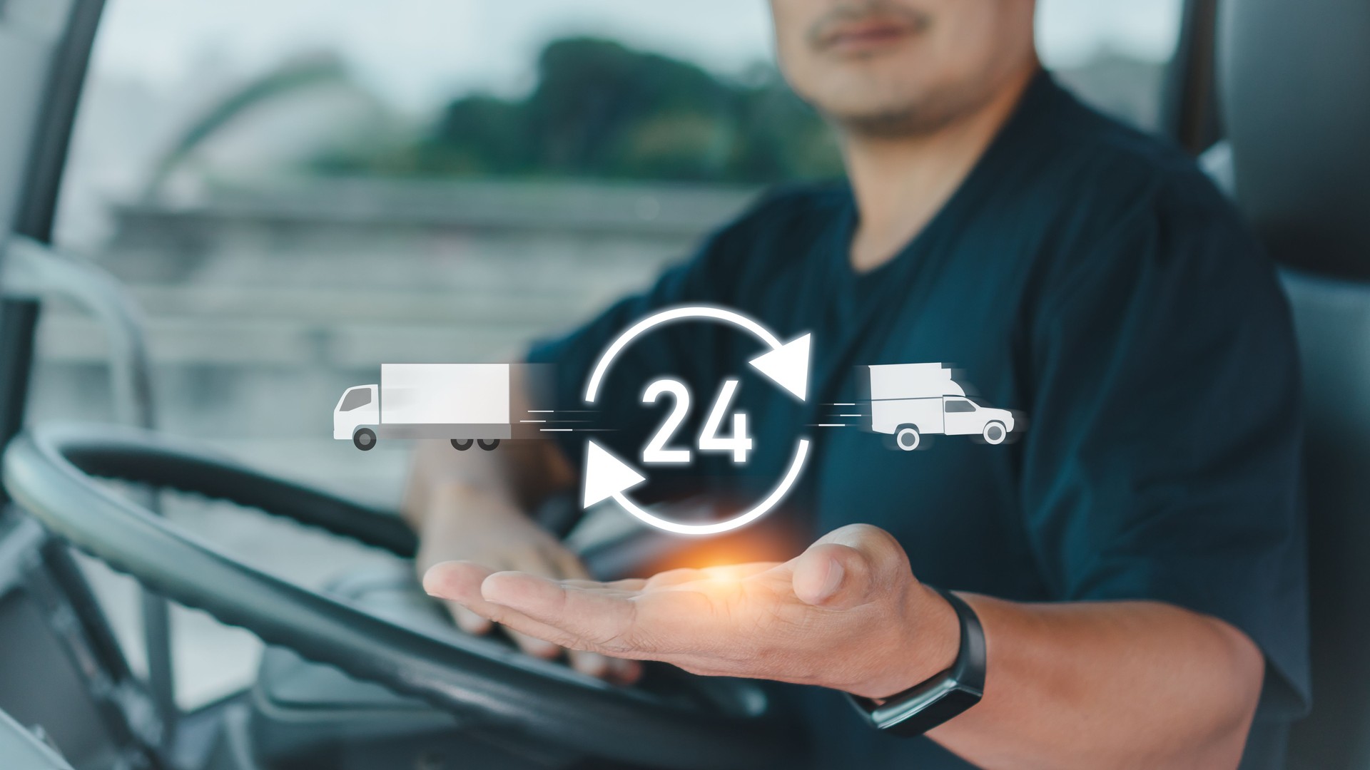 Nonstop service concept. Professional Truck Driver Man show hand holding virtual 24. Delivery service and transport product express 24 hours. customer service, Product safety insurance trust.